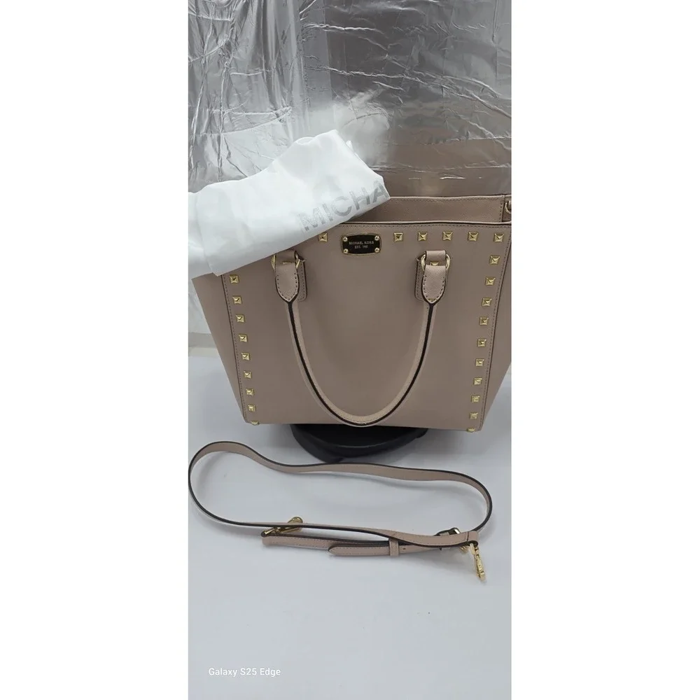 Michael Kors Selma Studded Saffiano Leather Tote Bag Blush Pink Gold Hardware